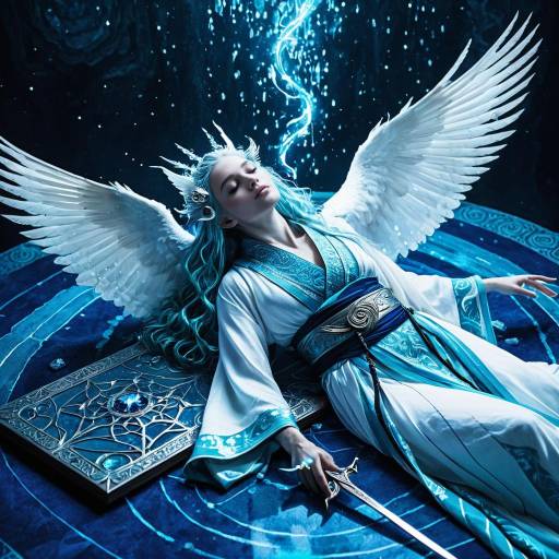 Ethereal Sorceress with Angelic Wings in Blue Kimono