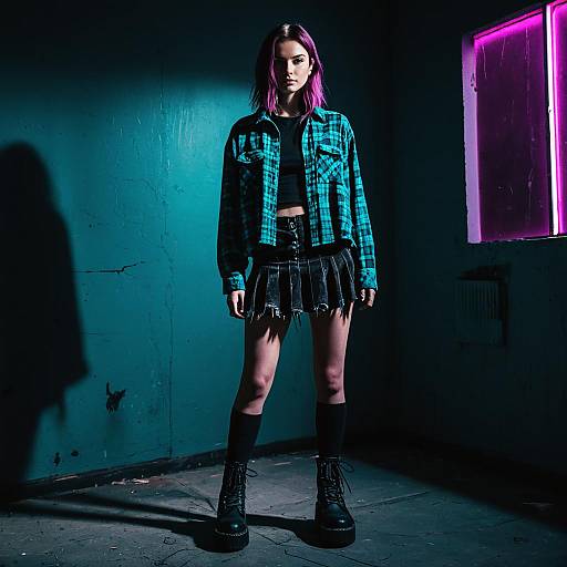 Edgy Young Woman in Alt Fashion with Neon Backlighting