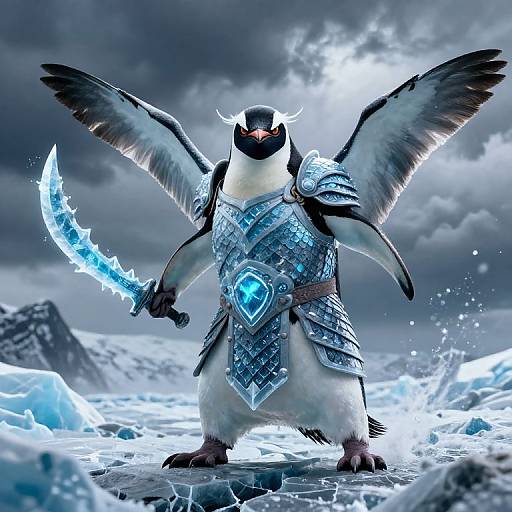 Digital artwork of a penguin warrior with glowing blue armor, wings spread, holding a glowing blue sword, standing on icy terrain.