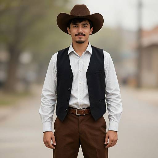 Photograph of a young man with brown skin, dark mustache, wearing a brown cowboy hat, white shirt, black vest, and brown pants,