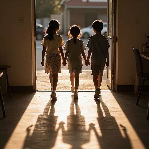 Photograph of three children, silhouetted against sunlight, walking hand-in-hand out of a doorway, casting long shadows on the floor.