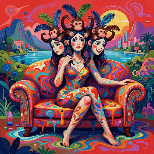 Abstract Woman with Three Emotional Heads and Monkeys