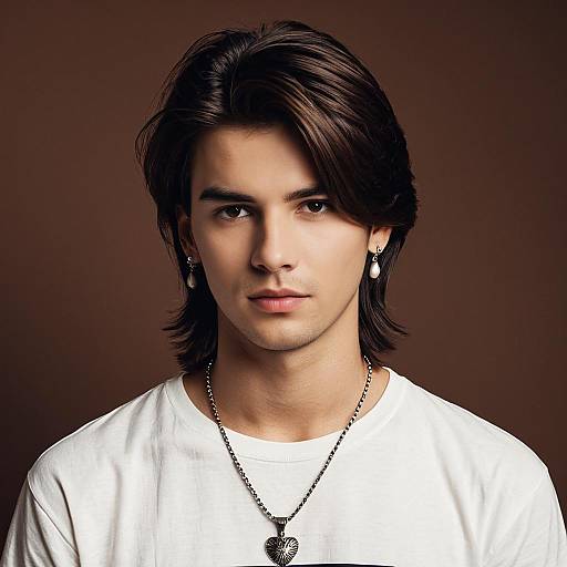 Young Man with Straight Brown Hair and Jewelry