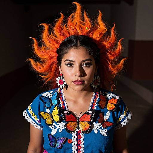 Photograph of a South Asian woman with fiery orange hair, wearing a blue dress adorned with colorful butterflies, standing in shadow.