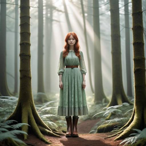 Young woman in vintage dress in misty forest