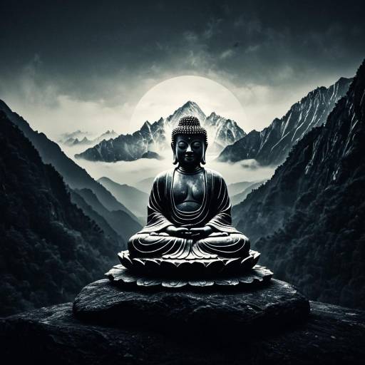 Peaceful Buddha Statue with Misty Mountains