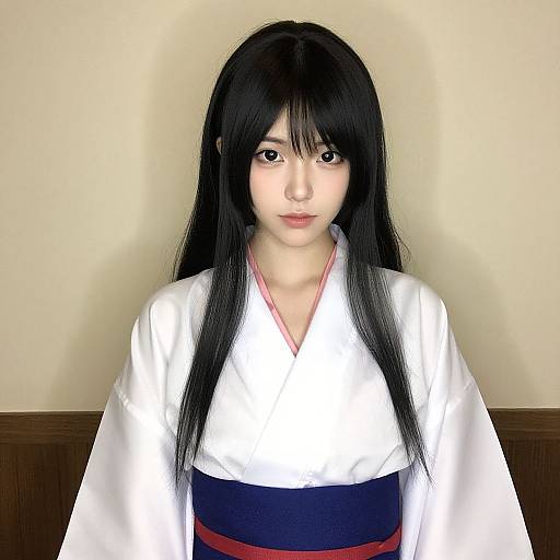 Digital portrait of an East Asian woman with long black hair, wearing a white kimono with red and navy accents, against a plain beige background.