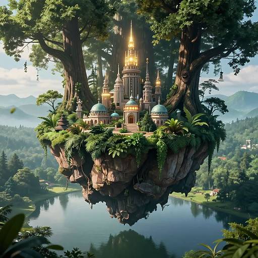 Floating Island City in Serene Forest