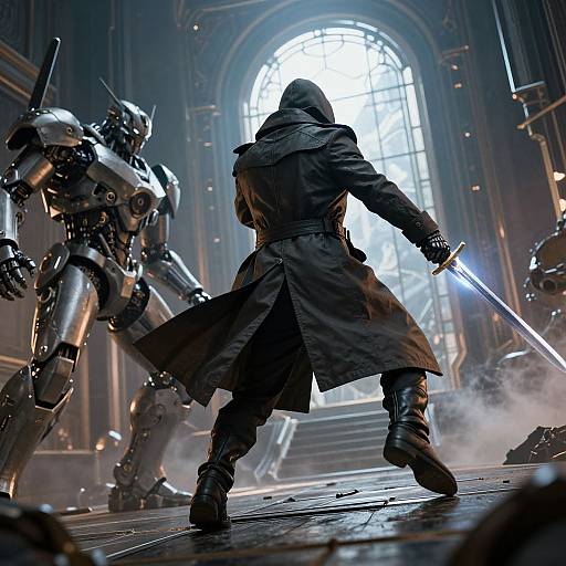 CGI sci-fi battle: hooded figure in black cloak wields sword, facing three metallic robots in a grand, dimly lit hall with ar