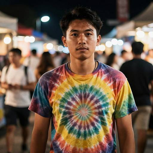 Young Man in Tie-Dye Shirt at Night Market