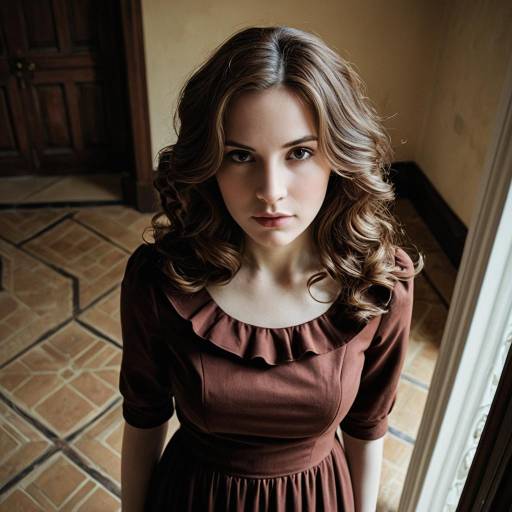 Elegant Woman in Brown Dress with Soft Wavy Hair