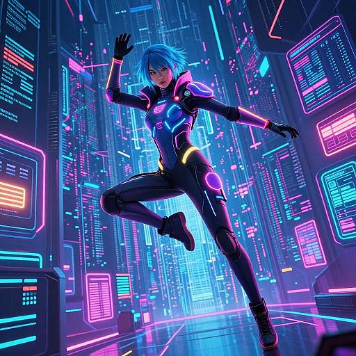 Digital art of a blue-haired woman in a neon-lit futuristic city, wearing a black, glowing bodysuit, mid-leap with arms raised