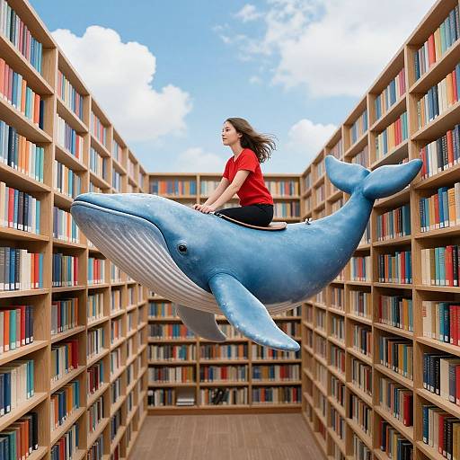Photograph: Young woman with brown hair in red shirt rides giant blue inflatable whale through towering library aisles with colorful books.