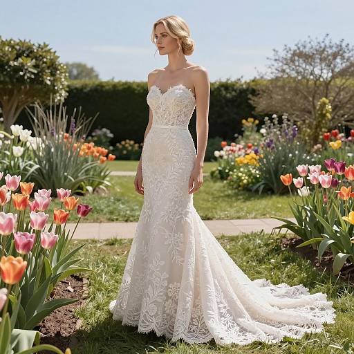 Elegant Blonde Bride in Lace Wedding Dress in Sunny Garden
