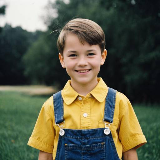 Smiling Boy in Yellow Shirt and Denim Overalls