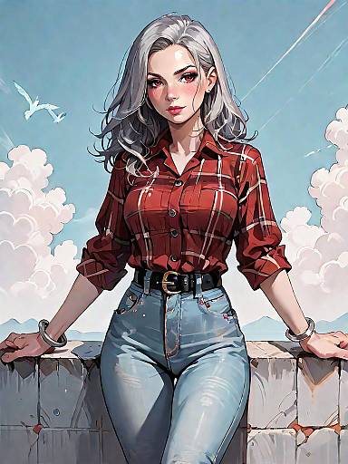 Stylish Woman in Red Checkered Shirt and Grey Jeans