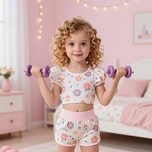 Photograph of a curly-haired, blonde young girl with fair skin, wearing floral pajamas, holding purple dumbbells in a pink-themed bedroom.