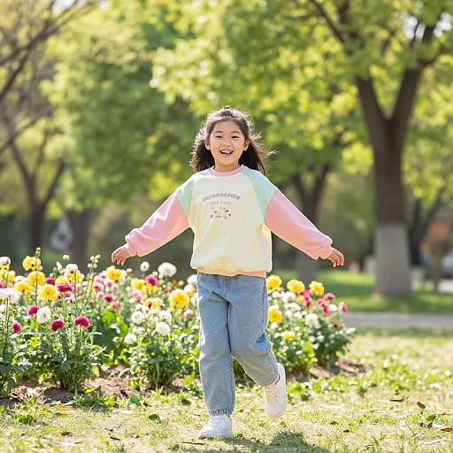 Photograph of a smiling young girl with long dark hair, wearing a white and pink sweatshirt and blue jeans, walking through a sunny, colorful flower
