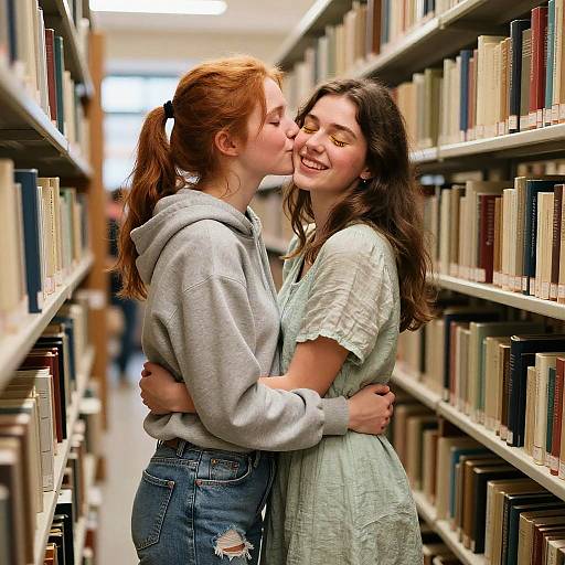 Photograph of two women, one with red hair in a hoodie, the other with brown hair in a green dress, kissing in a library with book