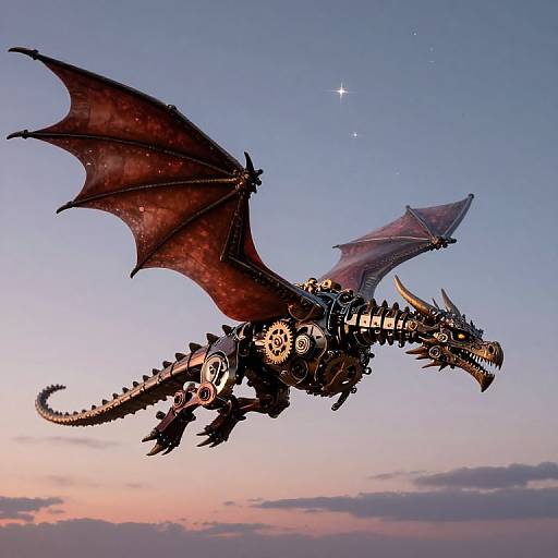 Photograph of a mechanical dragon with dark, rusted wings and gears, soaring against a twilight sky with a star.