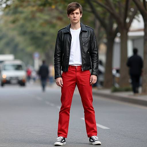 Photograph of a young man with brown hair, wearing a black leather jacket, white t-shirt, bright red pants, and black-and-white sneakers,