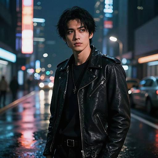 Night city street photograph of a young, pale-skinned man with messy black hair, wearing a wet black leather jacket, standing on a reflective, rain