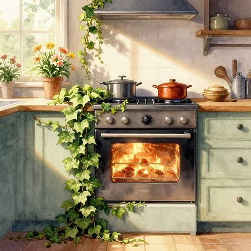 Rustic Kitchen with Glowing Oven