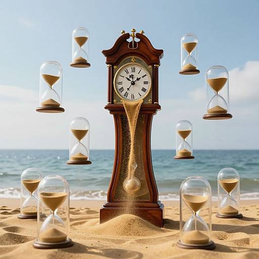 Photograph of a wooden grandfather clock with sand hourglasses of varying sizes floating around, set on a sunny beach with a blue ocean in the background