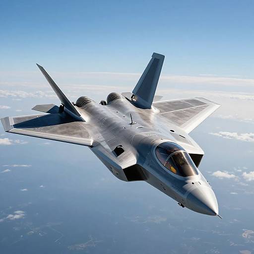 Photograph of a sleek, gray F-16 fighter jet soaring through a clear blue sky with scattered white clouds below.