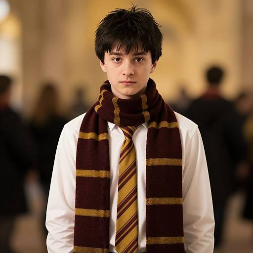 Photograph of a young boy with black hair, wearing a white shirt, striped tie, and brown scarf, standing in a blurred, warmly lit indoor