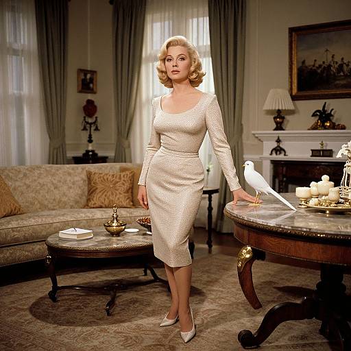 Photograph of a blonde woman in a white, long-sleeved, form-fitting dress and white heels, standing in a luxurious living room with