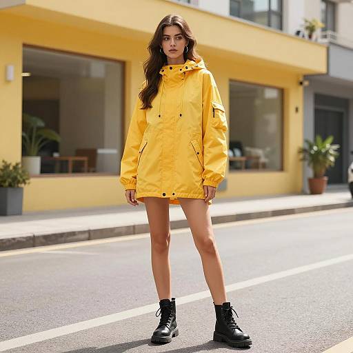 Young woman in yellow hooded jacket on street