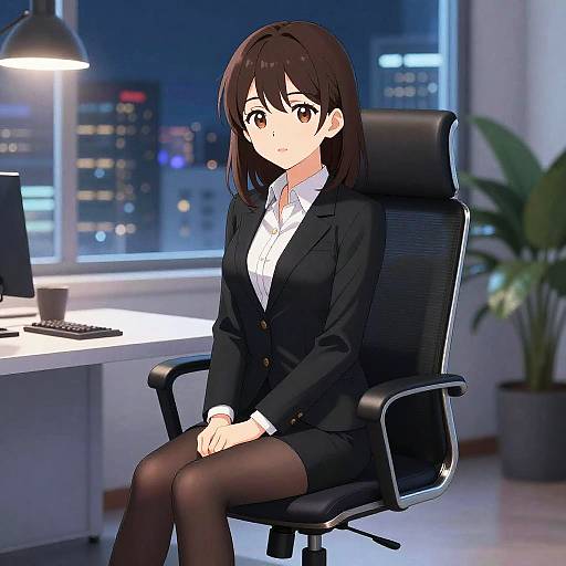 Anime-style digital illustration of a brown-haired woman in a black suit, white shirt, and black stockings, sitting in an office chair at a modern desk