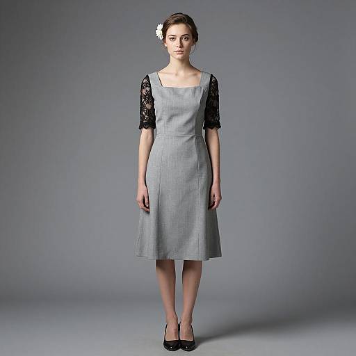 Elegant Woman in Grey Dress with Black Lace Sleeves