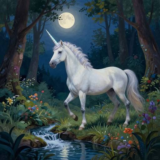 Digital painting of a radiant white unicorn with a glowing horn, standing in a moonlit, lush forest by a small stream.