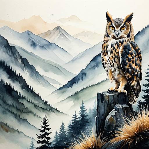 Watercolor Owl Amidst Misty Mountain Landscape Watercolor Owl Amidst Misty Mountain Landscape