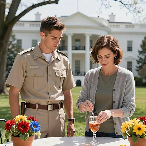 Man in Military Uniform and Woman Mixing Drink Outdoors