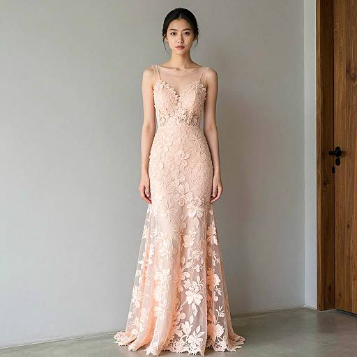 Asian Woman in Peach Evening Maxi Dress