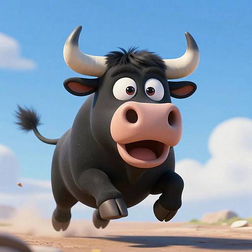 Surprised Black Bull Running Toward Viewer