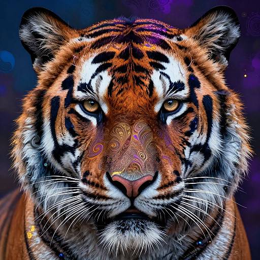 Digital painting of a tiger with vivid orange and black stripes, intricate face patterns, intense yellow eyes, and a dark purple background.