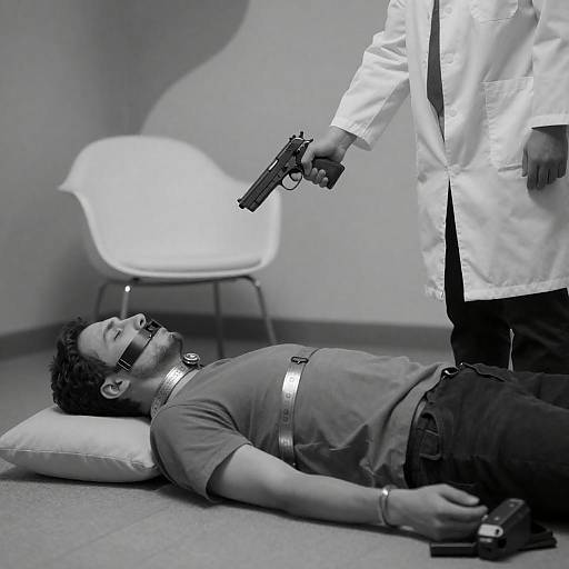 Bound Man with Gun in Black and White