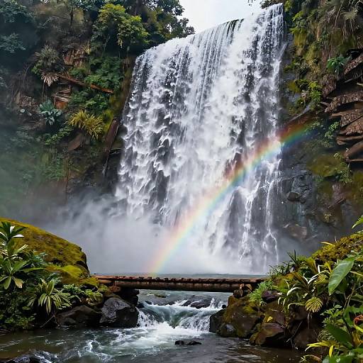 Photograph of a lush, tropical waterfall with a vivid rainbow, cascading over rocky cliffs, surrounded by dense greenery and a small wooden bridge at