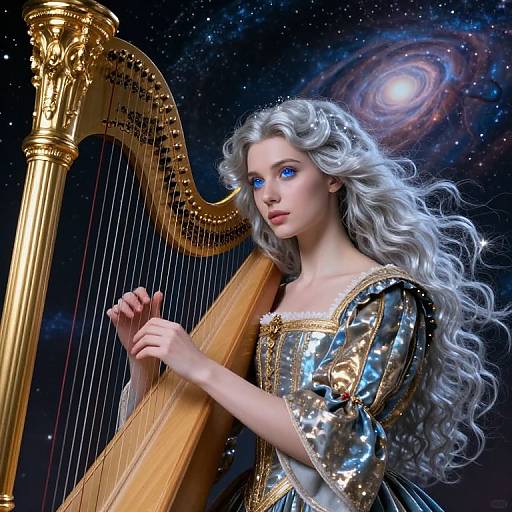 Digital painting of a fair-skinned, silver-haired woman with blue eyes playing a golden harp against a starry, galaxy-filled background. She wears