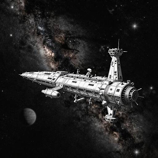 Monochrome Alien Space Station with Explorers