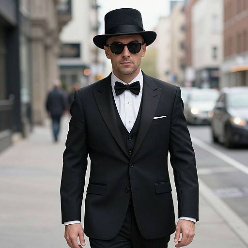 Photograph of a suave man in a black suit, bow tie, black fedora, and dark sunglasses, walking down a city street. Bl