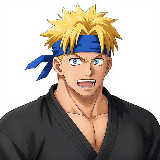 Digital anime-style portrait of a muscular, blond-haired man with blue eyes, wearing a blue headband and black kimono, looking surprised.