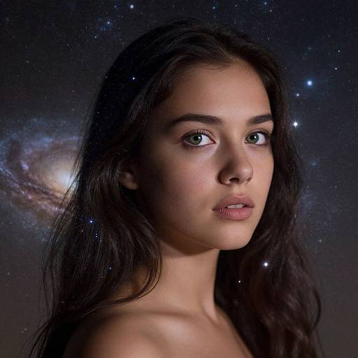 Photograph of a young woman with long dark hair, green eyes, and fair skin, set against a starry night sky with a visible galaxy.