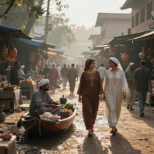 Vibrant Floating Bazaar Captured at Sunrise