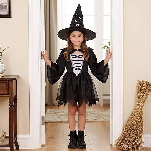 Photograph of a young girl in a black witch costume with wide-brimmed hat, lace-up bodice, and tulle skirt, standing in