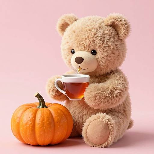 Cozy Autumn Plush Bear Tea Moment